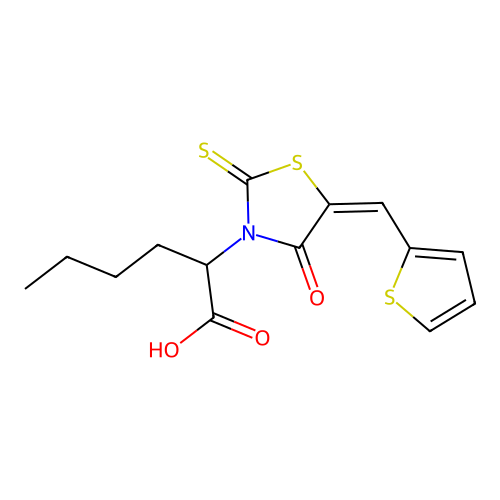 (E)-2-(4-oxo-5-(thiophen-2-ylmethylene)-2-thioxothiazolidin-3-yl)hexanoic acid structure