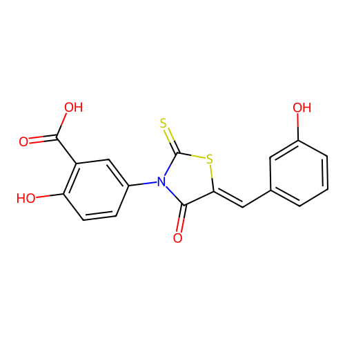 2-hydroxy-5-[(5Z)-5-[(3-hydroxyphenyl)methylidene]-4-oxo-2-sulfanylidene-1,3-thiazolidin-3-yl]benzoic acid structure