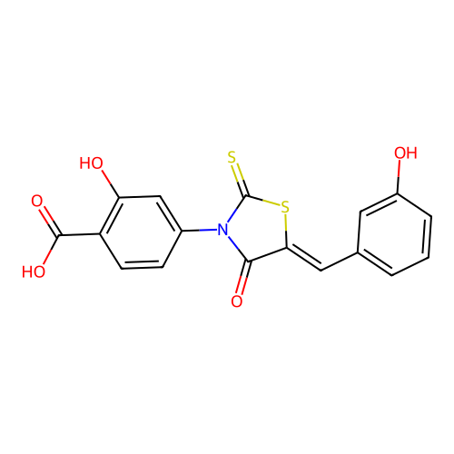 2-hydroxy-4-[(5Z)-5-[(3-hydroxyphenyl)methylidene]-4-oxo-2-sulfanylidene-1,3-thiazolidin-3-yl]benzoic acid structure