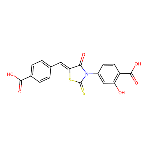 4-[(5Z)-5-[(4-carboxyphenyl)methylidene]-4-oxo-2-sulfanylidene-1,3-thiazolidin-3-yl]-2-hydroxybenzoic acid structure
