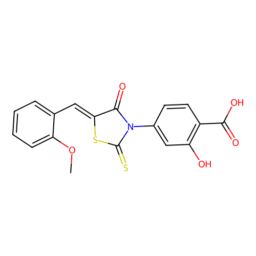 2-hydroxy-4-[(5Z)-5-[(2-methoxyphenyl)methylidene]-4-oxo-2-sulfanylidene-1,3-thiazolidin-3-yl]benzoic acid structure