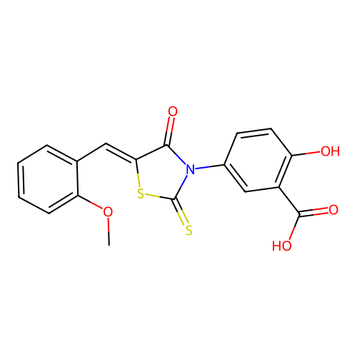 2-hydroxy-5-[(5Z)-5-[(2-methoxyphenyl)methylidene]-4-oxo-2-sulfanylidene-1,3-thiazolidin-3-yl]benzoic acid structure