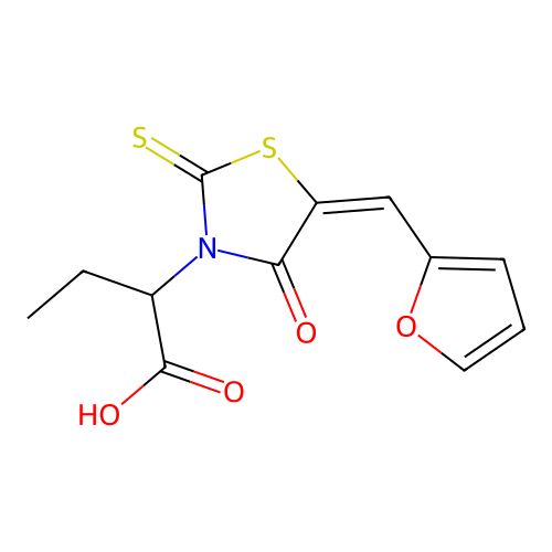 (E)-2-(5-(furan-2-ylmethylene)-4-oxo-2-thioxothiazolidin-3-yl)butanoic acid structure