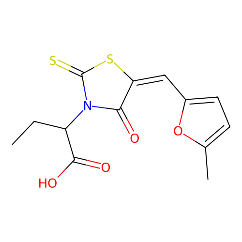 (E)-2-(5-((5-methylfuran-2-yl)methylene)-4-oxo-2-thioxothiazolidin-3-yl)butanoic acid structure