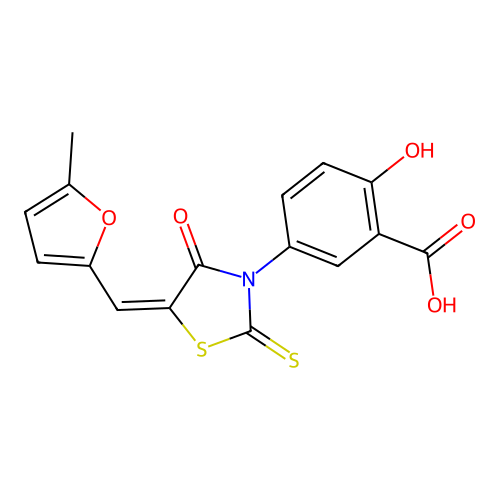 2-hydroxy-5-[(5E)-5-[(5-methylfuran-2-yl)methylidene]-4-oxo-2-sulfanylidene-1,3-thiazolidin-3-yl]benzoic acid structure