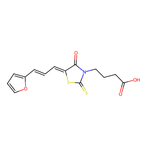 4-[(5Z)-5-[(E)-3-(furan-2-yl)prop-2-enylidene]-4-oxo-2-sulfanylidene-1,3-thiazolidin-3-yl]butanoic acid structure