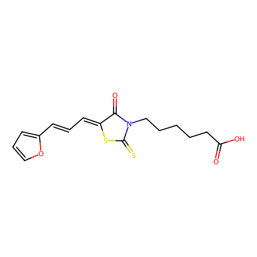 6-[5-((2E)-3-(2-furyl)prop-2-enylidene)-4-oxo-2-thioxo-1,3-thiazolidin-3-yl]he xanoic acid structure