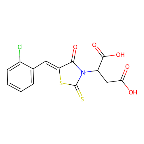 2-[(5Z)-5-[(2-chlorophenyl)methylidene]-4-oxo-2-sulfanylidene-1,3-thiazolidin-3-yl]butanedioic acid structure
