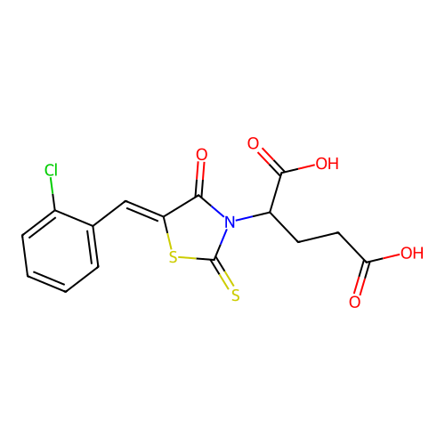 2-[(5Z)-5-[(2-chlorophenyl)methylidene]-4-oxo-2-sulfanylidene-1,3-thiazolidin-3-yl]pentanedioic acid structure