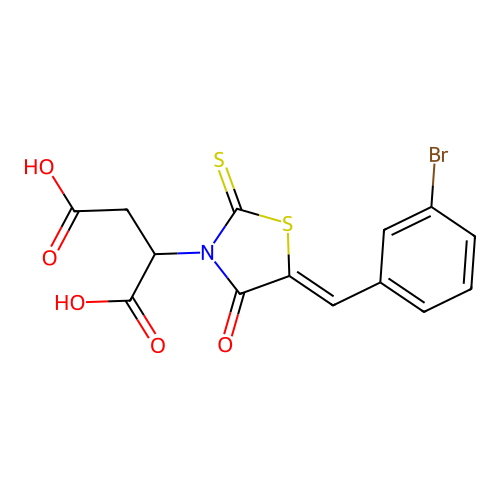 2-[(5Z)-5-[(3-bromophenyl)methylidene]-4-oxo-2-sulfanylidene-1,3-thiazolidin-3-yl]butanedioic acid structure