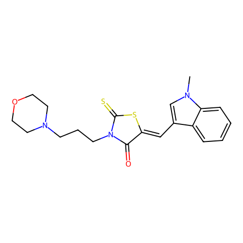 (5Z)-5-[(1-methyl-1H-indol-3-yl)methylidene]-3-[3-(morpholin-4-yl)propyl]-2-thioxo-1,3-thiazolidin-4-one structure