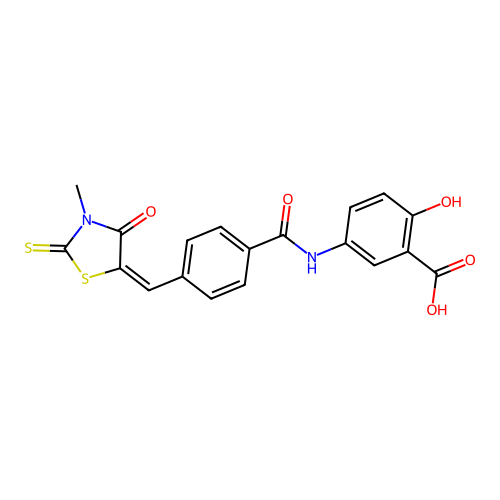 (E)-2-hydroxy-5-(4-((3-methyl-4-oxo-2-thioxothiazolidin-5-ylidene)methyl)benzamido)benzoic acid structure