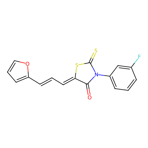 (Z)-3-(3-fluorophenyl)-5-((E)-3-(furan-2-yl)allylidene)-2-thioxothiazolidin-4-one structure