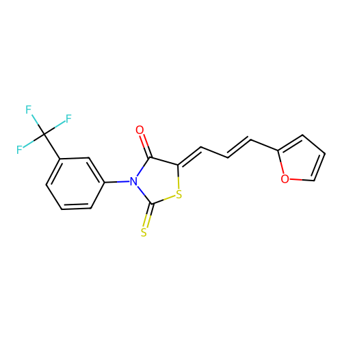(Z)-5-((E)-3-(furan-2-yl)allylidene)-2-thioxo-3-(3-(trifluoromethyl)phenyl)thiazolidin-4-one structure