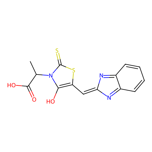 (Z)-2-(5-((1H-benzo[d]imidazol-2-yl)methylene)-4-oxo-2-thioxothiazolidin-3-yl)propanoic acid structure