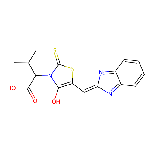 (Z)-2-(5-((1H-benzo[d]imidazol-2-yl)methylene)-4-oxo-2-thioxothiazolidin-3-yl)-3-methylbutanoic acid structure