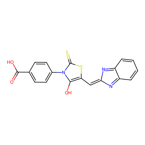 4-[(5Z)-5-(1H-benzimidazol-2-ylmethylidene)-4-oxo-2-thioxo-1,3-thiazolidin-3-yl]benzoic acid structure