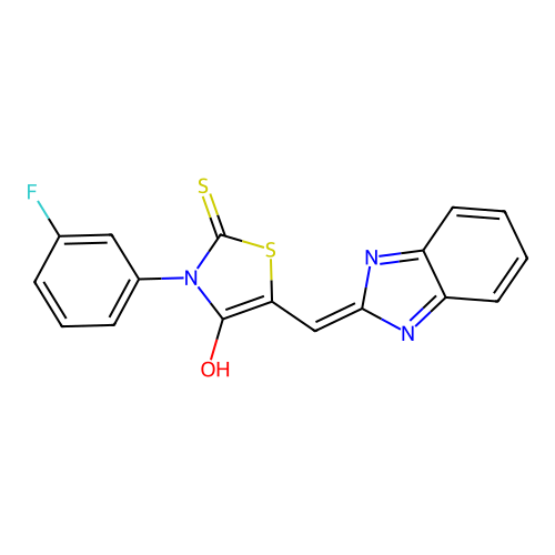 (Z)-5-((1H-benzo[d]imidazol-2-yl)methylene)-3-(3-fluorophenyl)-2-thioxothiazolidin-4-one structure