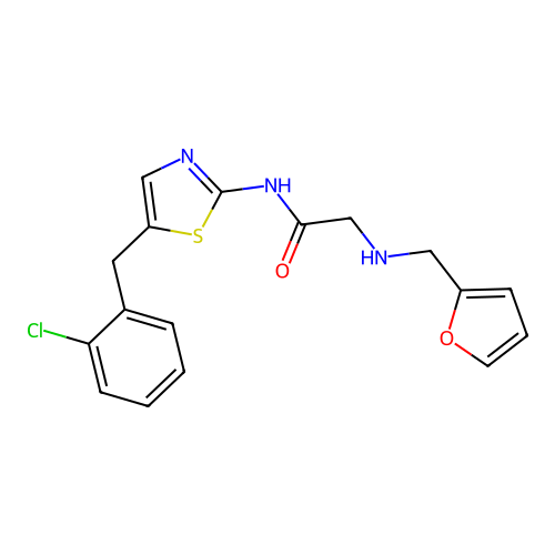 N-(5-(2-chlorobenzyl)thiazol-2-yl)-2-((furan-2-ylmethyl)amino)acetamide structure