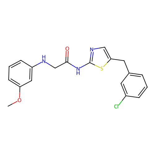 N-(5-(3-chlorobenzyl)thiazol-2-yl)-2-((3-methoxyphenyl)amino)acetamide structure