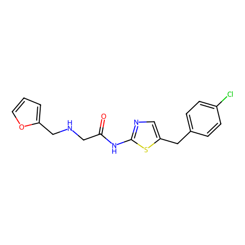N-(5-(4-chlorobenzyl)thiazol-2-yl)-2-((furan-2-ylmethyl)amino)acetamide structure