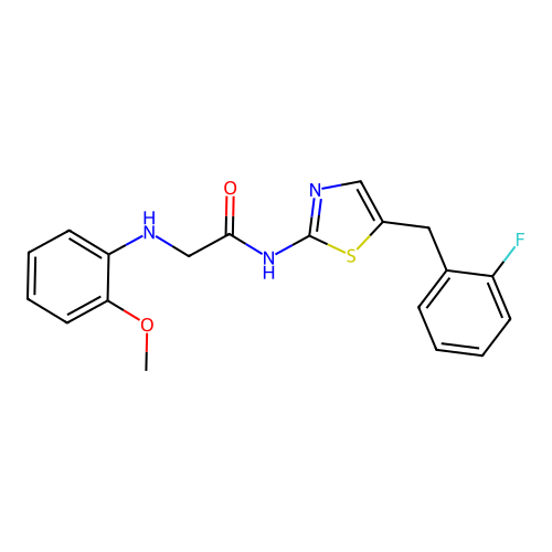 N-(5-(2-fluorobenzyl)thiazol-2-yl)-2-((2-methoxyphenyl)amino)acetamide structure