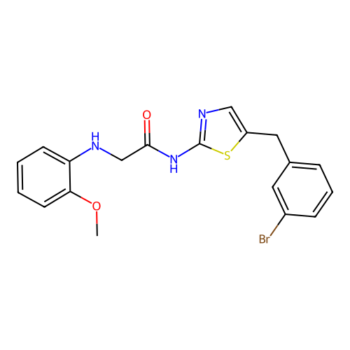 N-(5-(3-bromobenzyl)thiazol-2-yl)-2-((2-methoxyphenyl)amino)acetamide structure