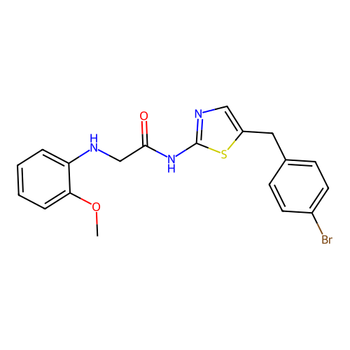 N-(5-(4-bromobenzyl)thiazol-2-yl)-2-((2-methoxyphenyl)amino)acetamide structure