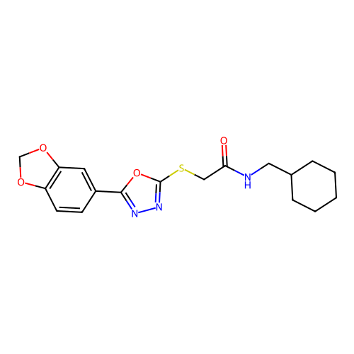 2-[[5-(1,3-benzodioxol-5-yl)-1,3,4-oxadiazol-2-yl]sulfanyl]-N-(cyclohexylmethyl)acetamide structure