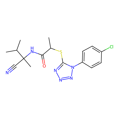 2-[1-(4-chlorophenyl)tetrazol-5-yl]sulfanyl-N-(2-cyano-3-methylbutan-2-yl)propanamide structure