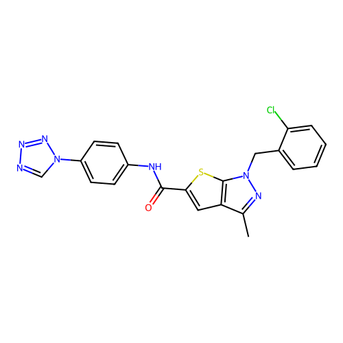 N-(4-(1H-Tetrazol-1-yl)phenyl)-1-(2-chlorobenzyl)-3-methyl-1H-thieno[2,3-c]pyrazole-5-carboxamide structure