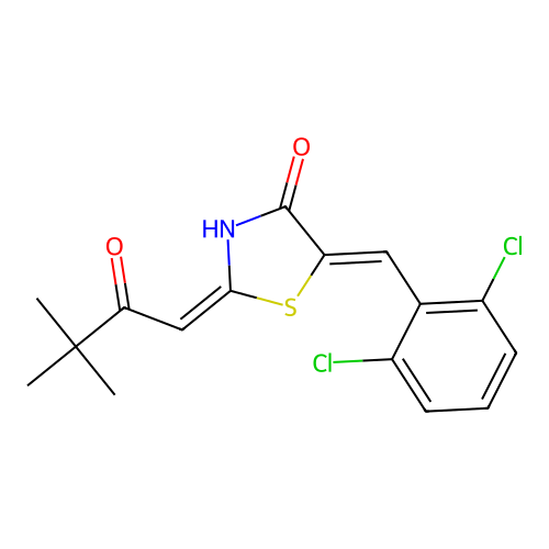 5-(2,6-Dichlorobenzylidene)-2-(3,3-dimethyl-2-oxobutylidene)thiazolidin-4-one structure