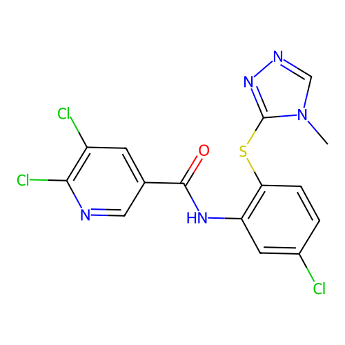 5,6-dichloro-N-[5-chloro-2-[(4-methyl-1,2,4-triazol-3-yl)sulfanyl]phenyl]pyridine-3-carboxamide structure