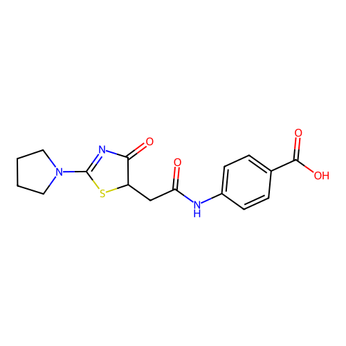 4-{2-[4-oxo-2-(pyrrolidin-1-yl)-4,5-dihydro-1,3-thiazol-5-yl]acetamido}benzoic acid structure