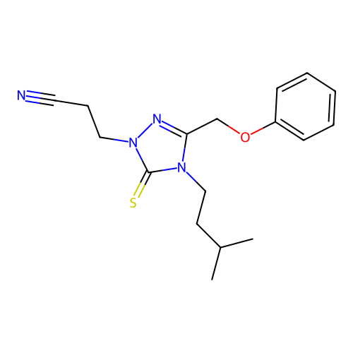 3-[4-(3-methylbutyl)-3-(phenoxymethyl)-5-sulfanylidene-1,2,4-triazol-1-yl]propanenitrile structure