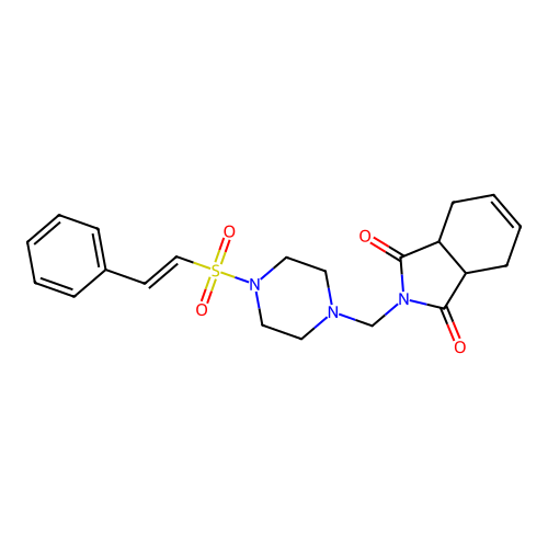 2-[[4-(2-phenylethenylsulfonyl)piperazin-1-yl]methyl]-3a,4,7,7a-tetrahydroisoindole-1,3-dione structure