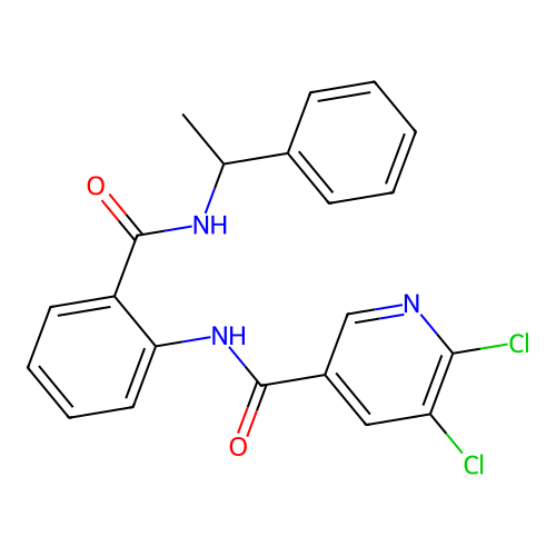 5,6-dichloro-N-{2-[(1-phenylethyl)carbamoyl]phenyl}pyridine-3-carboxamide structure