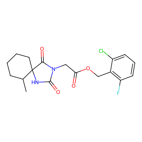 (2-chloro-6-fluorophenyl)methyl 2-(6-methyl-2,4-dioxo-1,3-diazaspiro[4.5]decan-3-yl)acetate structure