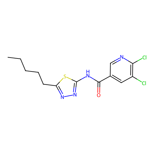 5,6-dichloro-N-(5-pentyl-1,3,4-thiadiazol-2-yl)pyridine-3-carboxamide structure