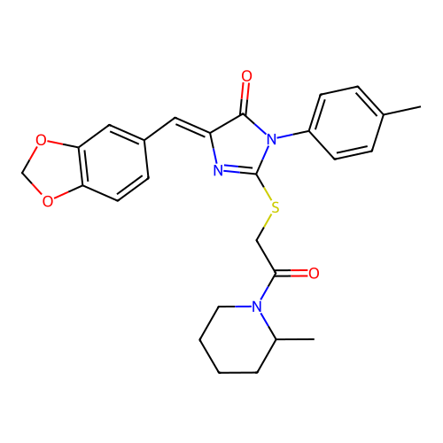 5-(Benzo[d][1,3]dioxol-5-ylmethylene)-2-((2-(2-methylpiperidin-1-yl)-2-oxoethyl)thio)-3-(p-tolyl)-3,5-dihydro-4H-imidazol-4-one structure