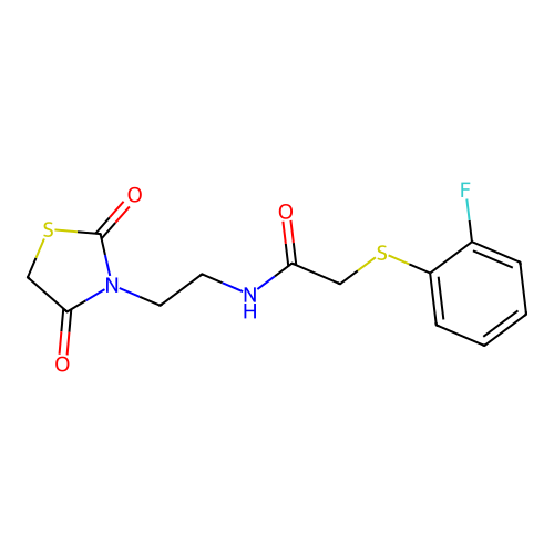 N-[2-(2,4-dioxo-1,3-thiazolidin-3-yl)ethyl]-2-(2-fluorophenyl)sulfanylacetamide structure