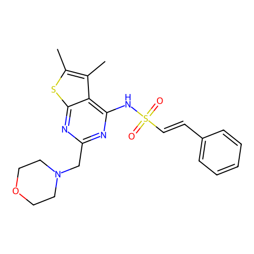 (E)-N-[5,6-dimethyl-2-(morpholin-4-ylmethyl)thieno[2,3-d]pyrimidin-4-yl]-2-phenylethenesulfonamide structure