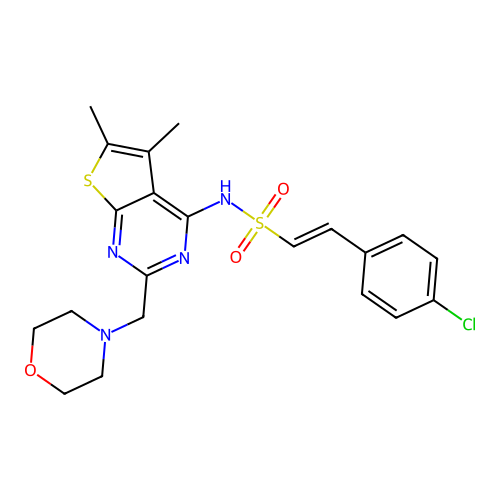 (E)-2-(4-chlorophenyl)-N-[5,6-dimethyl-2-(morpholin-4-ylmethyl)thieno[2,3-d]pyrimidin-4-yl]ethenesulfonamide structure