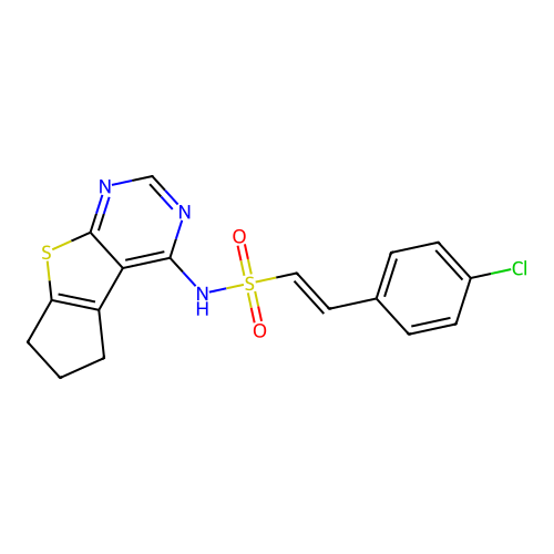 2-(4-chlorophenyl)-N-{7-thia-9,11-diazatricyclo[6.4.0.0,2,6]dodeca-1(12),2(6),8,10-tetraen-12-yl}ethene-1-sulfonamide structure