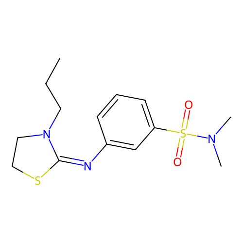 N,N-dimethyl-3-[(3-propyl-1,3-thiazolidin-2-ylidene)amino]benzenesulfonamide structure