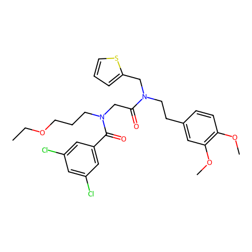 3,5-dichloro-N-[2-[2-(3,4-dimethoxyphenyl)ethyl-(thiophen-2-ylmethyl)amino]-2-oxoethyl]-N-(3-ethoxypropyl)benzamide structure