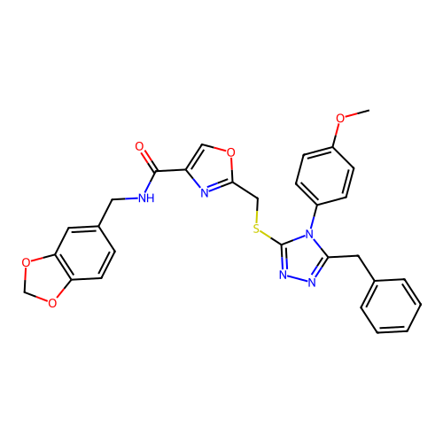 N-(1,3-benzodioxol-5-ylmethyl)-2-[[5-benzyl-4-(4-methoxyphenyl)-1,2,4-triazol-3-yl]sulfanylmethyl]-1,3-oxazole-4-carboxamide structure