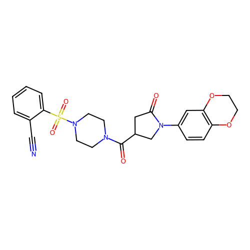 2-[4-[1-(2,3-dihydro-1,4-benzodioxin-6-yl)-5-oxopyrrolidine-3-carbonyl]piperazin-1-yl]sulfonylbenzonitrile structure