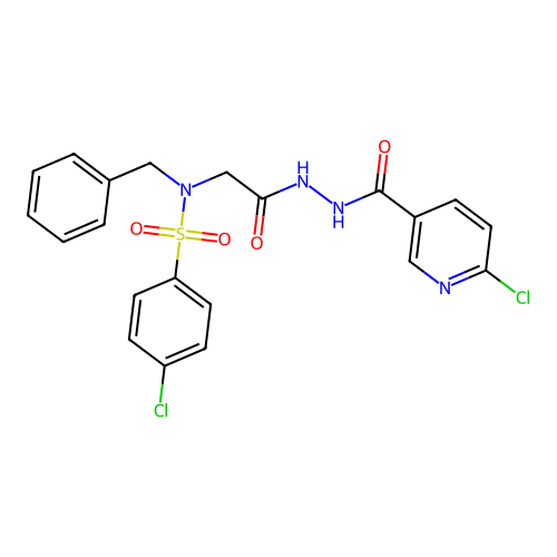 N-benzyl-4-chloro-N-[[(6-chloropyridine-3-carbonyl)amino]carbamoylmethyl]benzenesulfonamide structure