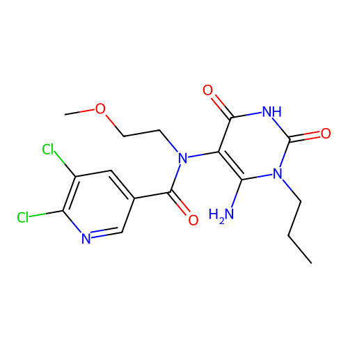 N-(6-amino-2,4-dioxo-1-propyl-1,2,3,4-tetrahydropyrimidin-5-yl)-5,6-dichloro-N-(2-methoxyethyl)pyridine-3-carboxamide structure